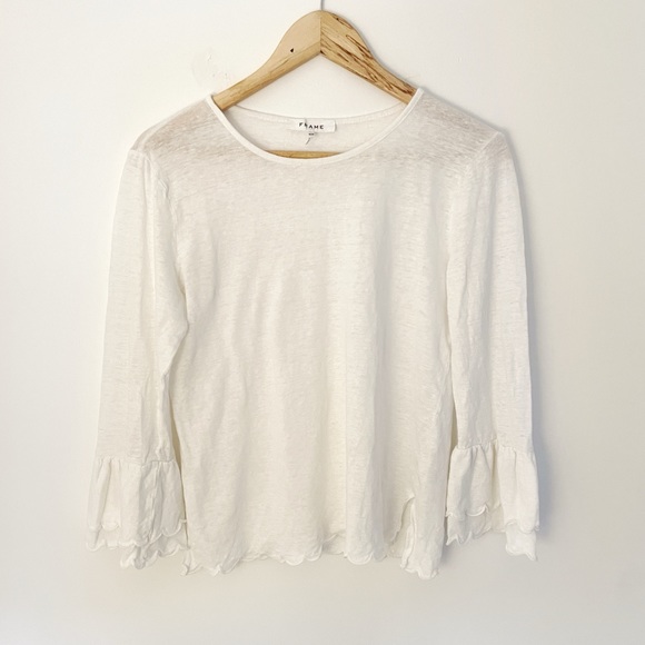 Frame • White Linen scalloped bell sleeve blouse size medium - Picture 3 of 8
